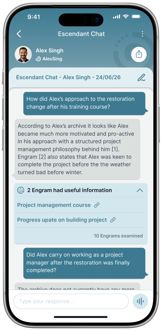Escendant chat screen showing a question answered with cited Engrams