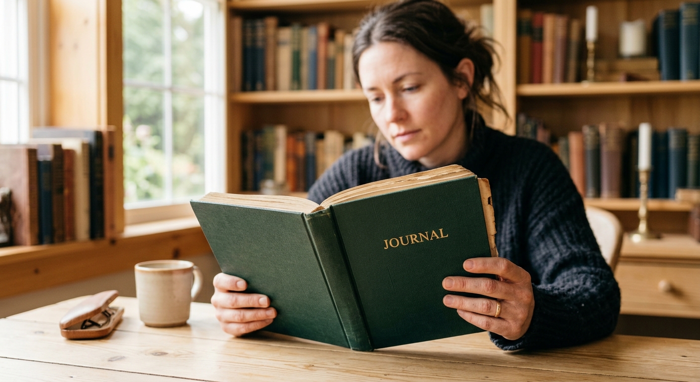 A woman reading a hardback journal in a library