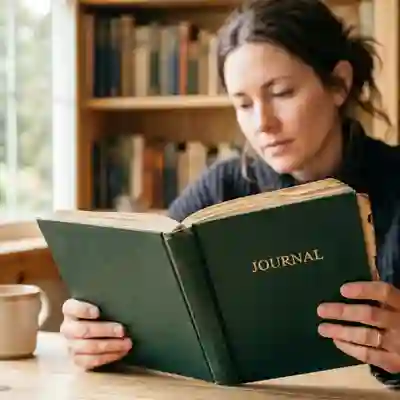 A woman reading a hardback journal in a library