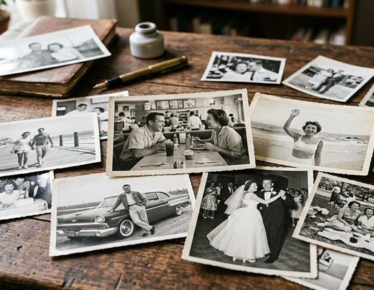 A scattered collection of old family photographs