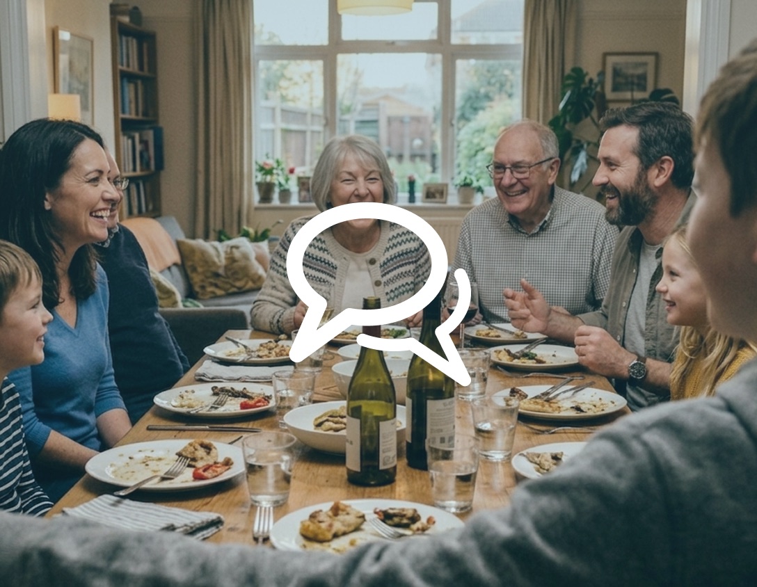 A family talking together around the kitchen table